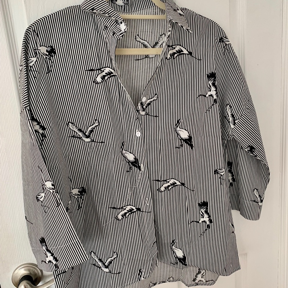 Striped bird print button down